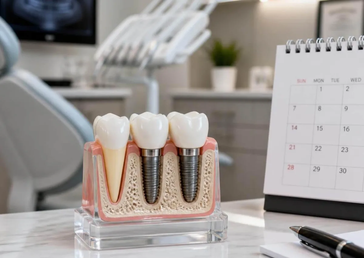 Dental implant model beside a calendar illustrating the stages and timing of a tooth implant timeline.