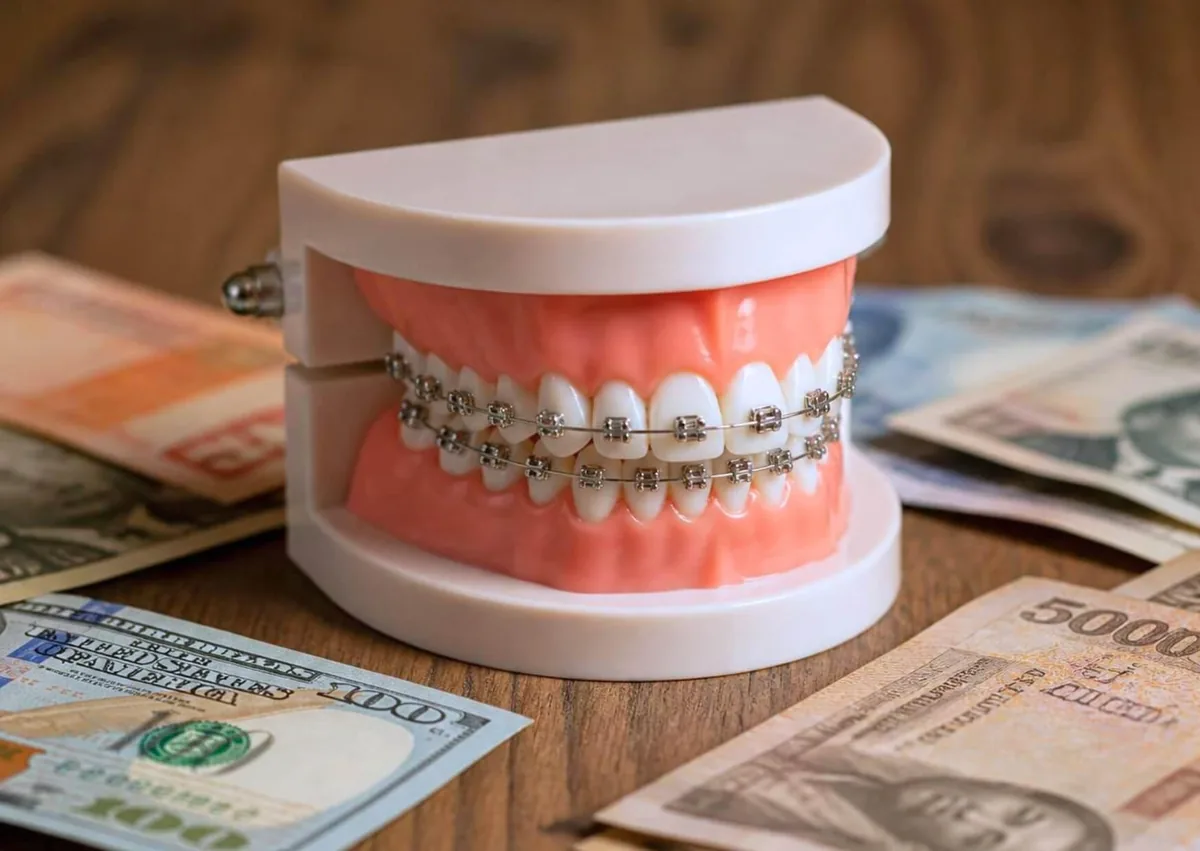 Dental braces model surrounded by money representing the cost of orthodontic treatment.